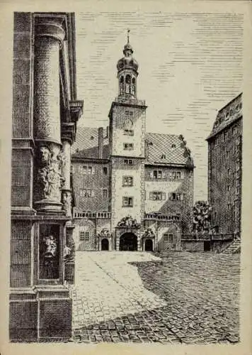 Künstler Ak Darmstadt in Hessen, Schlosshof mit Glockenturm