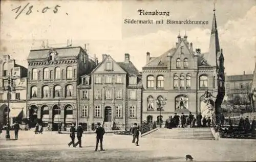 Ak Flensburg in Schleswig Holstein, Südermarkt, Bismarckbrunnen