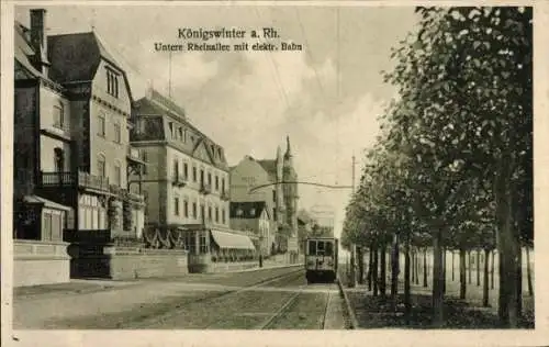 Ak Königswinter am Rhein, Untere Rheinallee, elektrische Straßenbahn