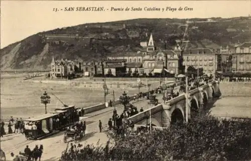 Ak Donostia San Sebastián Baskenland, Santa Catalina Brücke und Gros Beach