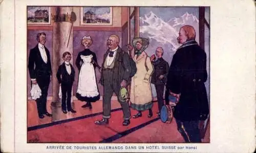 Künstler Ak Hansi, Ankunft deutscher Touristen in einem Schweizer Hotel