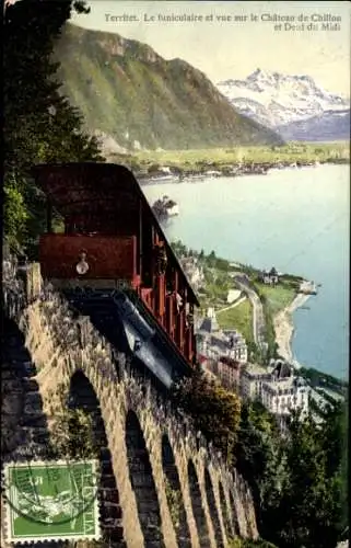 Ak Territet Montreux Kt. Waadt, Le funiculaire et vue sur le Château de Chillon et Dent du Midi