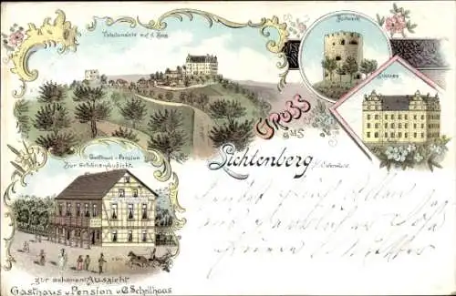 Litho Lichtenberg Fischbachtal im Odenwald, Gasthaus zur schönen Aussicht, Bollwerk, Schloss