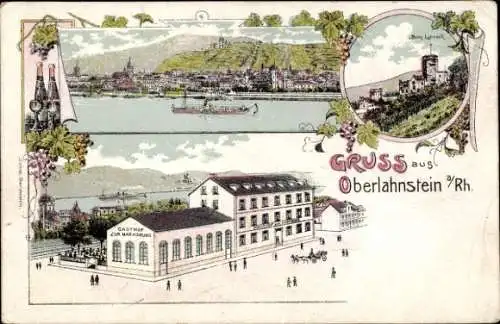 Litho Oberlahnstein Lahnstein am Rhein, Gasthof zur Marksburg, Dampfer, Burg Lahneck