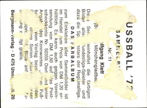 Sammelbild Fußball 1972, Bild Nr. 11, Fußballspieler Wolfgang Kleff, Borussia Mönchengladbach