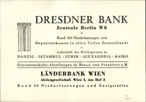 Briefmarken Ak Int. Automobil und Motorrad Ausstellung Berlin 1939, Dresdner Bank, Länderbank Wien