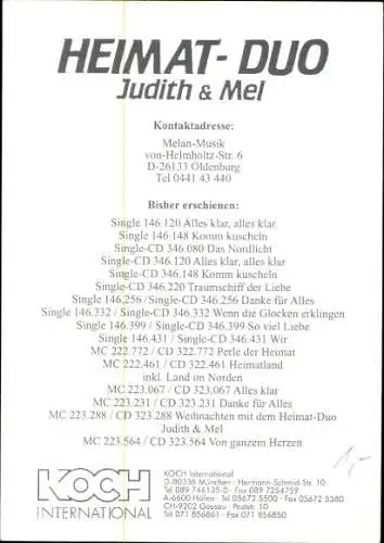 Ak Schauspieler und Sänger Judith und Mel, Heimat-Duo, Autogramm