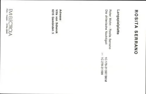 Ak Schauspielerin und Sängerin Rosita Serrano, Emi Eloctrola, Autogramm