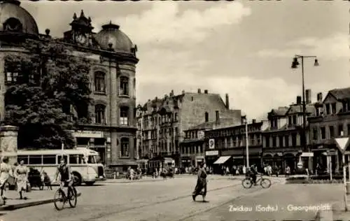 Ak Zwickau in Sachsen, Georgenplatz, Passanten, Bus, Radfahrer