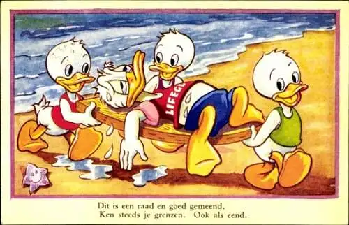 Künstler Ak Walt Disney, Donald Duck, Tick, Trick, Track, Rettungsschwimmer