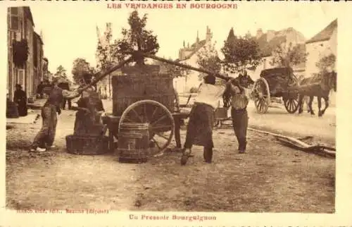 Ak Bourgogne Marne, Les Vendanges, un Pressoir Bourguignon