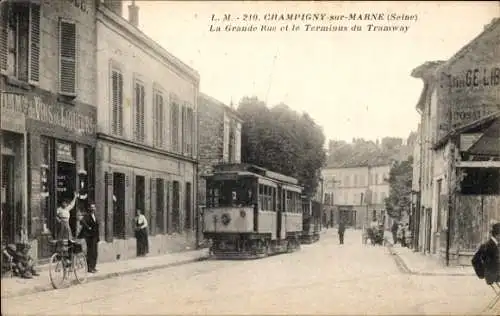 Ak Champigny-Marne, La Grande Rue und die Straßenbahnendstation