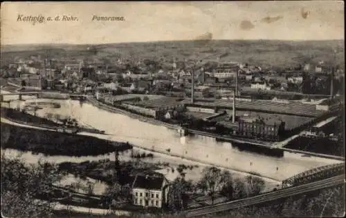 Ak Kettwig Essen im Ruhrgebiet, Panorama, Eisenbahnbrücke, Fabrikgebäude