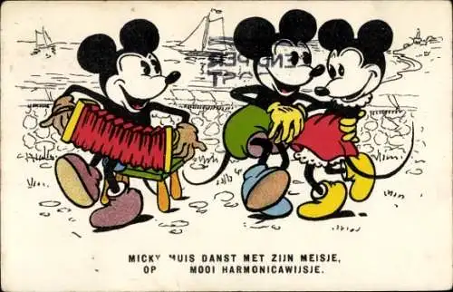 Künstler Ak Walt Disney, Mickey Maus, die Schifferorgel spielt ein Tänzchen