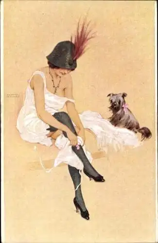 Jugendstil Künstler Ak Kirchner, Raphael, Dame in Unterwäsche, Strümpfe, Hund