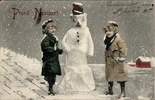 Ak Glückwunsch Neujahr, Kinder, Schneemann, Schnee