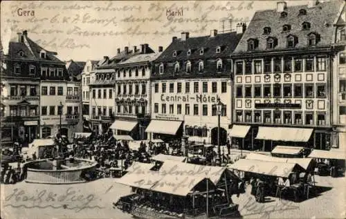 Ak Gera, Markt, Central Hotel, Brunnen