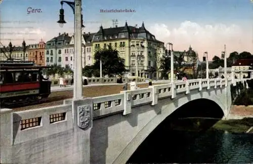 Ak Gera in Thüringen, Heinrichsbrücke, Straßenbahn