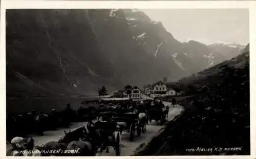 Ak Gudvangen Norwegen, Teilansicht, Pferdekutschen