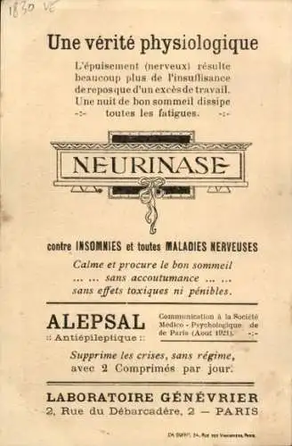 Ak Reklame, Neurinase, contre Insomnies, Alepsal, Laboratoire Genevrier, Paris