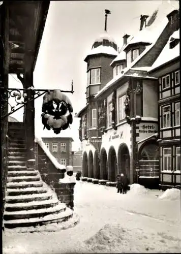 Ak Goslar am Harz, Freitreppe zum Treppe, Hotel Kaiserworth, Winter