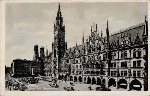 Ak München, Rathaus mit Frauenkirche, Straßenbahnen