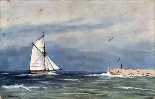 Künstler Ak Romin, Segelboot im Meer, Steg, Wolken