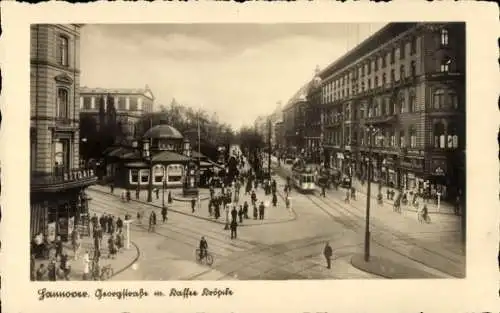 Ak Hannover in Niedersachsen, Café Kröpcke, Georgstraße, Straßenbahn