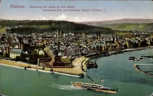 Ak Koblenz am Rhein, Deutsches Eck, Mündung Mosel Rhein, Kaiser Wilhelm Denkmal, Schiff