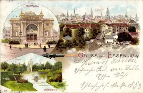 Litho Essen im Ruhrgebiet, Stadttheater, Stadtgarten, Krupp Kanone