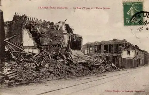 Ak Armentières Nord, nach der Bombardierung, Rue d'Ypres, Fabrik Janson, zerstörte Gebäude