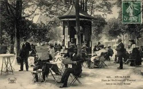 Ak Aix les Bains Savoie, Place de l’Etablissement Thermal, Source des Deux Reines