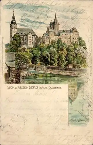 Künstler Ak Hoffmann, Rudolf, Schwarzenberg im Erzgebirge Sachsen, Schloss, Kirche