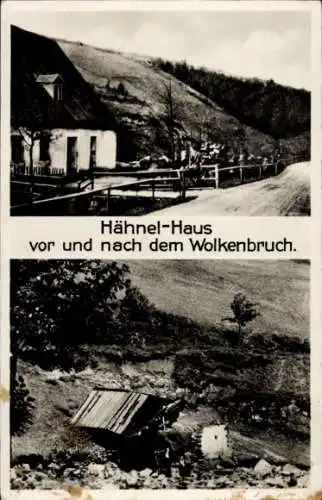 Ak Johanngeorgenstadt im Erzgebirge, Hähnel-Haus vor und nach dem Wolkenbruch Juli 1931