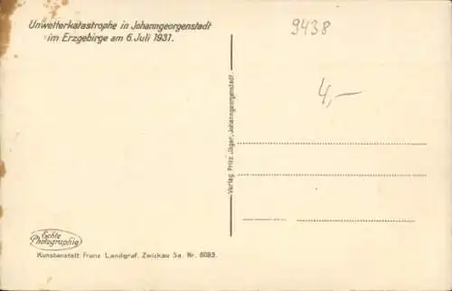 Ak Johanngeorgenstadt im Erzgebirge, Hähnel-Haus vor und nach dem Wolkenbruch Juli 1931