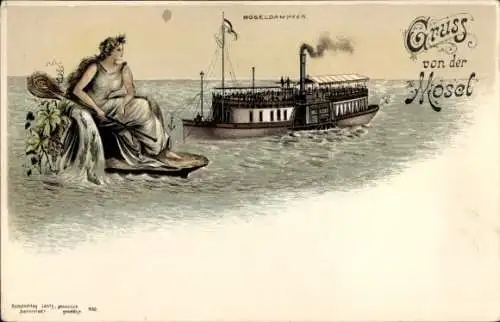 Litho Dampfer auf der Mosel, Frau im Kleid