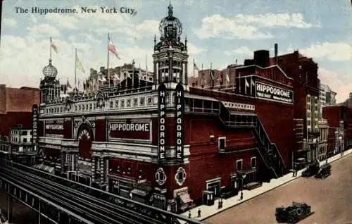 Ak New York City in United States of America, The Hippodrome, Bahngleise, Autos