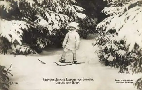 Ak Erbprinz Johann Leopold von Sachsen-Coburg-Gotha, Kinderportrait beim Skifahren