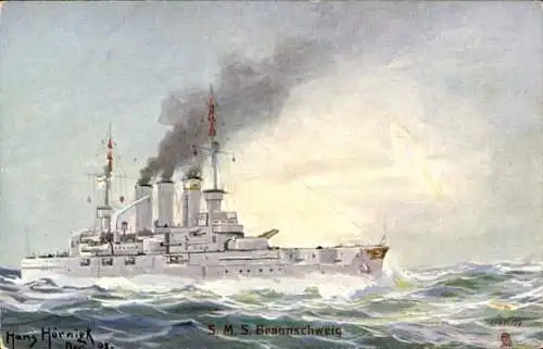 Künstler Ak Hörnigk, Hans, Deutsches Kriegsschiff, SMS Braunschweig, Kaiserliche Marine, Tuck 233 B