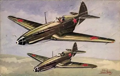 Künstler Ak Louis Petit, Russische Militärflugzeuge, MIG 3, Jagdflugzeuge, Sowjetunion, UdSSR