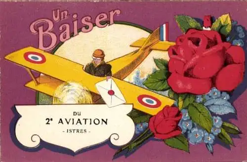 Ak Französisches Flugzeug, Blumen, Rosen, Pilot