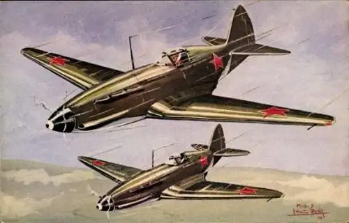 Künstler Ak Louis Petit, Russische Militärflugzeuge, MIG 3, Jagdflugzeuge, Sowjetunion, UdSSR