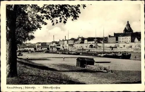 Ak Gorzów Wielkopolski Landsberg Warthe Ostbrandenburg, Lastkähne am Wartheufer, Brücke, Stadtpartie