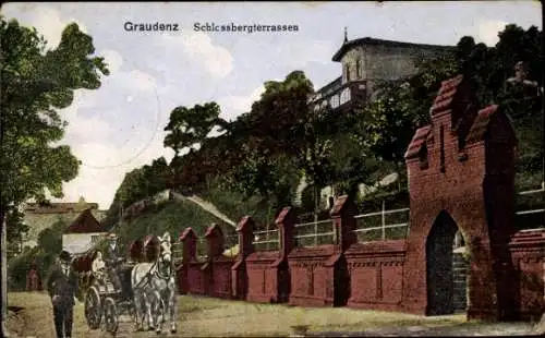 Ak Grudziądz Graudenz Westpreußen, Schlossbergterrassen, Kutsche