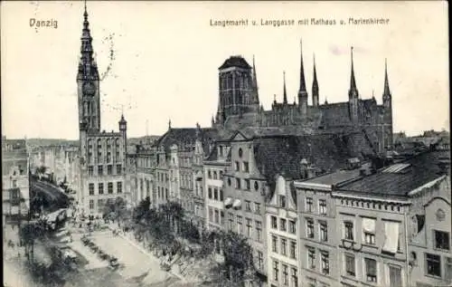 Ak Gdańsk Danzig, Langemarkt, Langgasse, Rathaus, Marienkirche