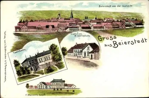 Litho Beierstedt Niedersachsen, Vasel's Garten, Gasthof W. Schliephake, Gehöft F. Siemann