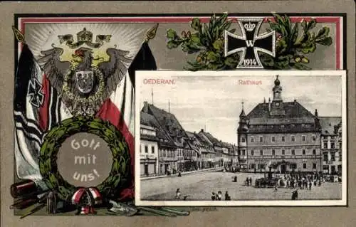 Passepartout Ak Oederan in Sachsen, Rathaus, Fahnen, Wappen, EK 1914, Gott mit uns