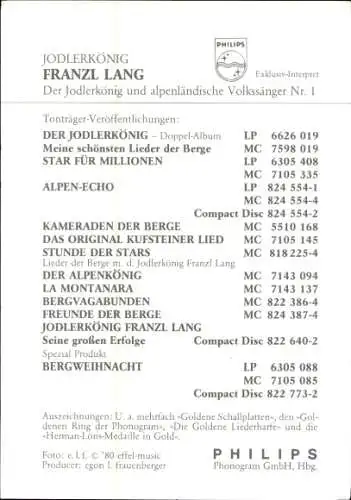 Ak Schauspieler und Sänger Franzl Lang, Jodlerkönig, Portrait, Autogramm