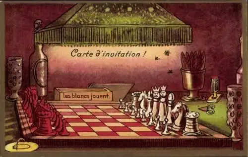 Ak Invitation card, chess, Schachspiel, Einladungskarte, Schachfiguren, Zigarren