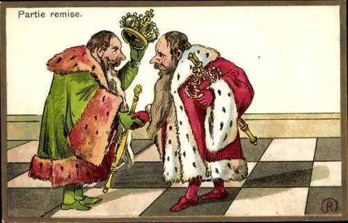 Litho Schachspiel, 2 Könige geben sich die Hand, Schachfiguren